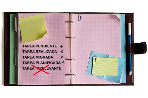 carpeta abierta con anillas, hojas, posit y bolígrafo