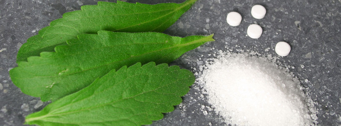 hojas de estevia, edulcorantes en pastillas y en polvo