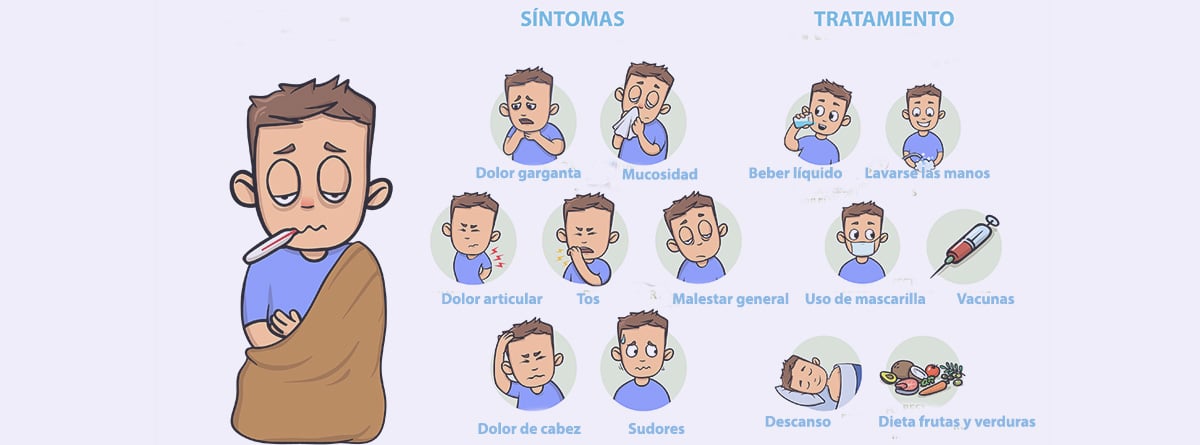 Síntomas y prevención del resfriado y la gripe. Signos, síntomas y tratamiento. Cartel informativo 