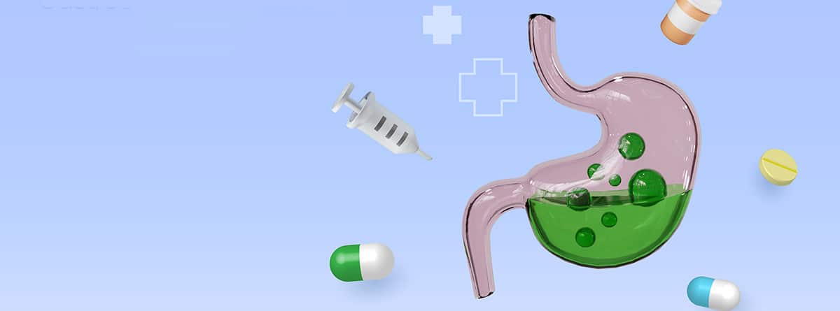 dibujo de trastorno digestivo causa dolor de acidez estomacal, jeringuilla y capsulas de medicamento