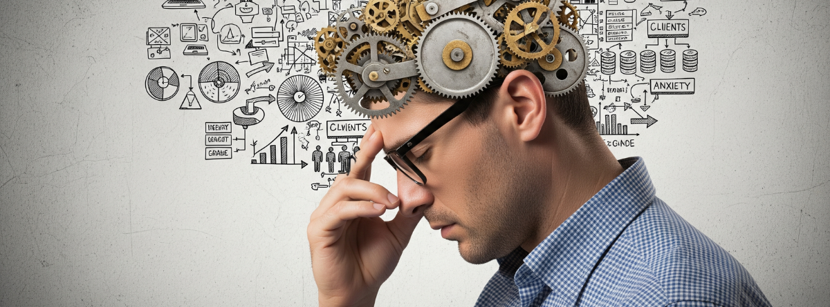 Hombre con muchos pensamientos en la cabeza con tdah