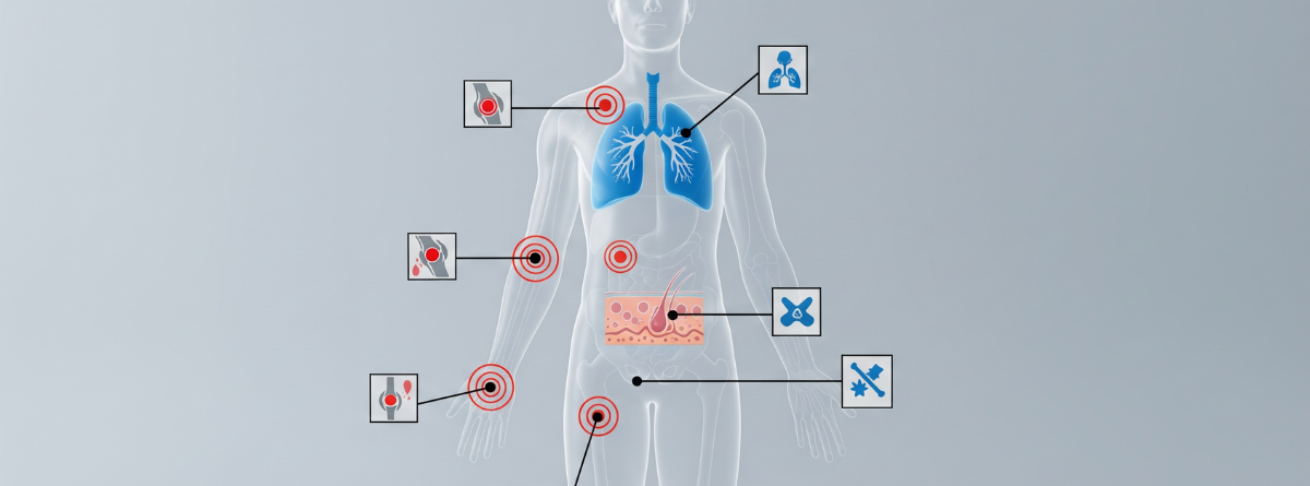 cuerpo humano señalando donde suelen terne dolores con el sindrome de vexas