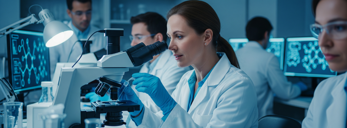 Doctora en laboratorio con microscopio