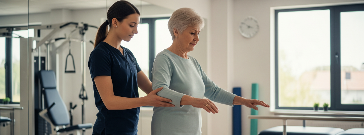 mujer con cadera rota en rehabilitación