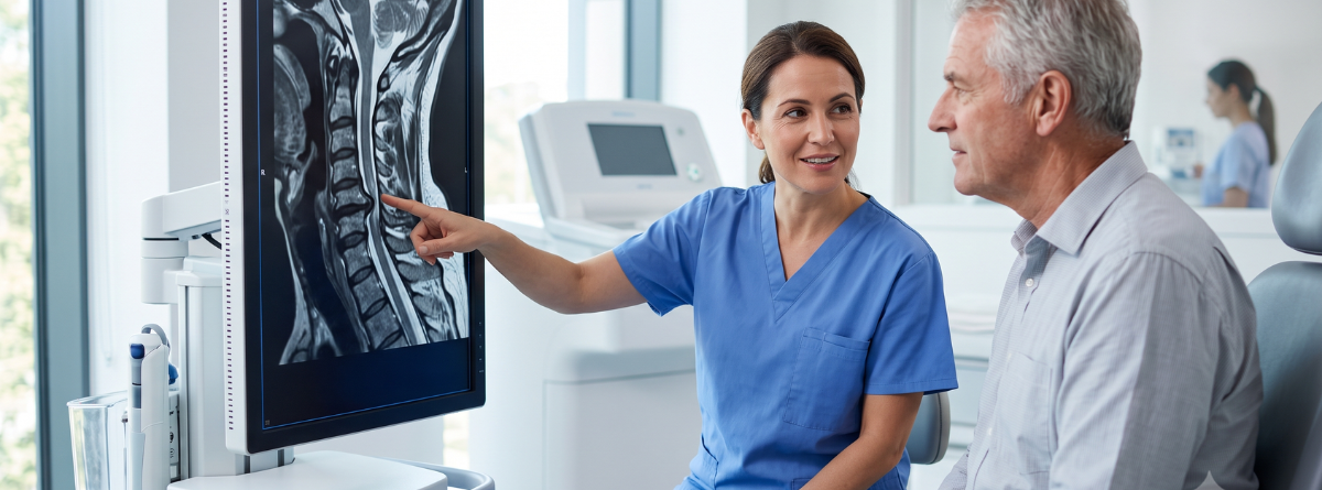 doctor< enseñando radiografia cervical a paciente