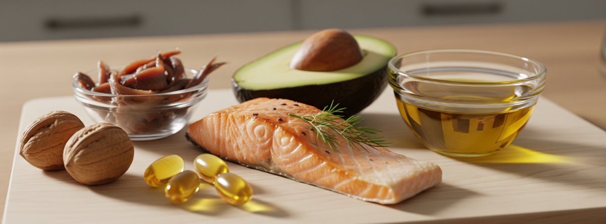 alimentos ricos en omega 3 como el aguacate, salmon, huevos aceite