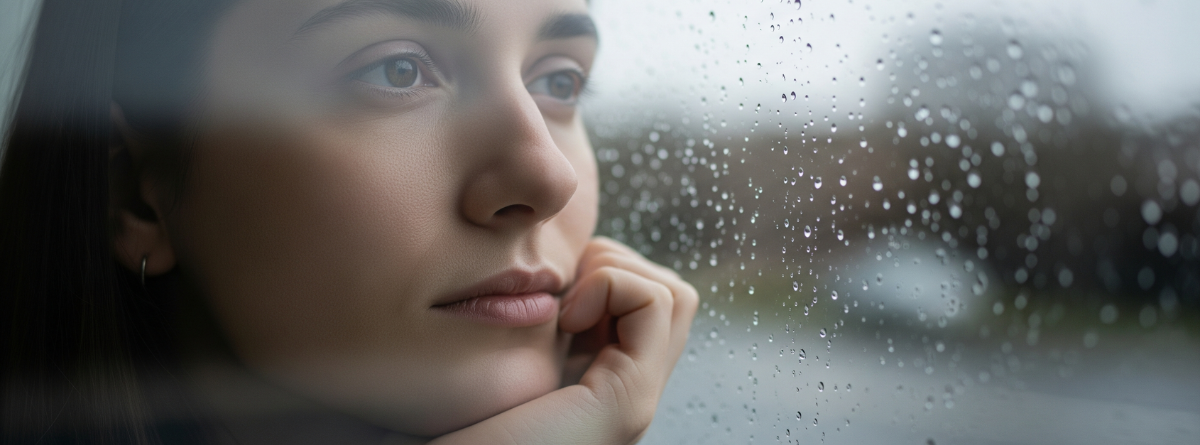 mujer pensativa frente a ventana
