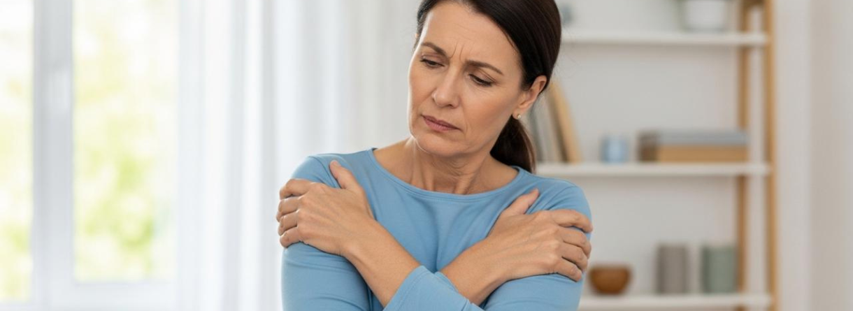 Persona que sufre de bursitis del hombro y esta con dolor