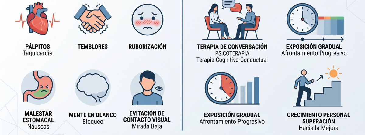 Ilustraciónde lso sintomas y pensamientos de un persona con ansiedad social