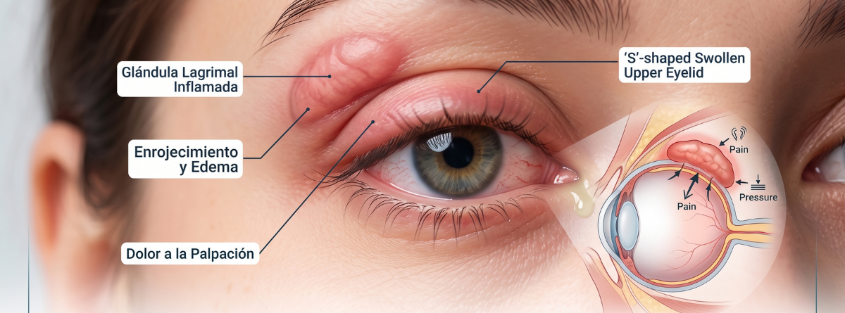 Ilustracion de como se ve la dacrioadenitis, un ojo con bulto encima del parpado