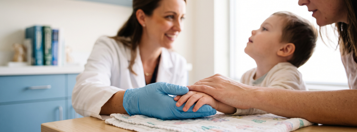 Bebe con la madre en consulta del médico dandoel la mano