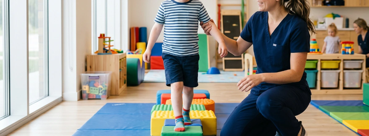 Terapeuta asistiendo a un niño en ejercicios de equilibrio y coordinación motora para tratar los síntomas del sindrome ataxia telangiectasia en una sala de rehabilitación infantil.