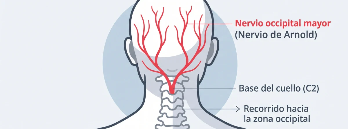 Ilustración anatómica del recorrido del nervio occipital o nervio de Arnold en la nuca. 