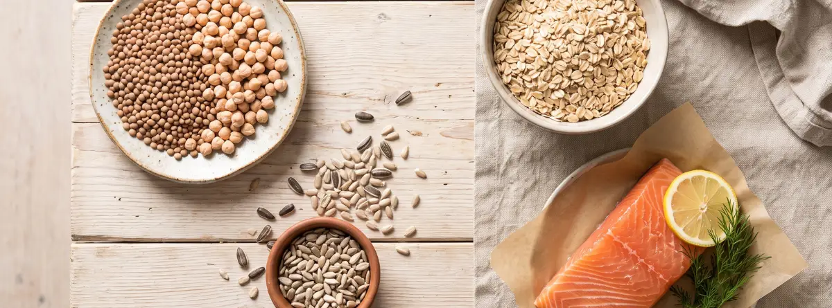 Selección de alimentos variados ricos en tiamina o vitamina B1 como legumbres, cereales integrales y pescado. 