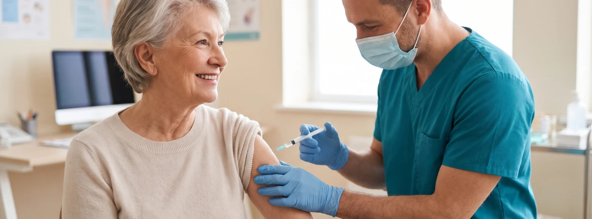 Persona mayor recibiendo la vacunación de la gripe y la COVID-19 el mismo día.